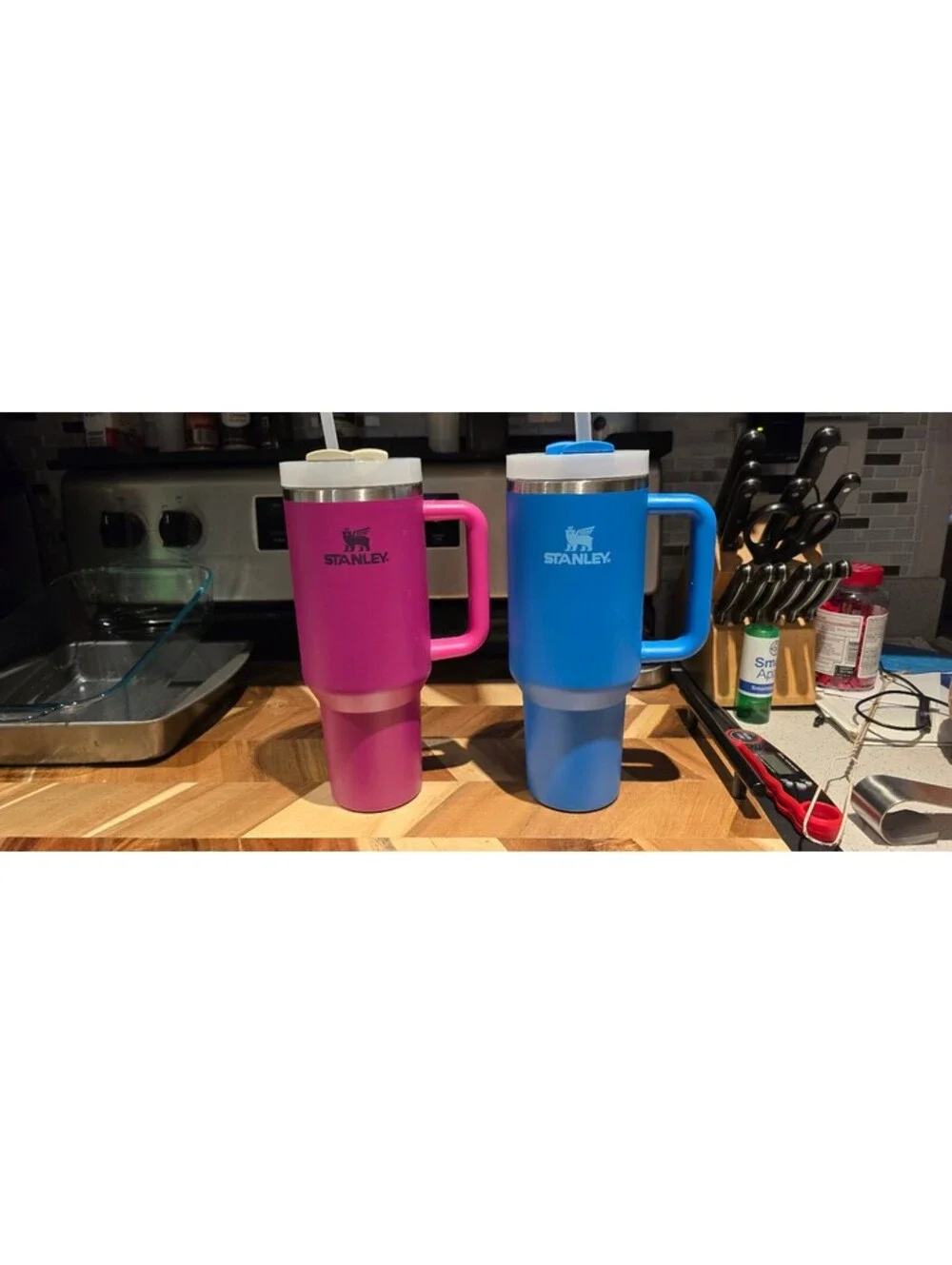 Stanley Pink and Blue Insulated Travel Mugs with Handles and Straws - Set of 2